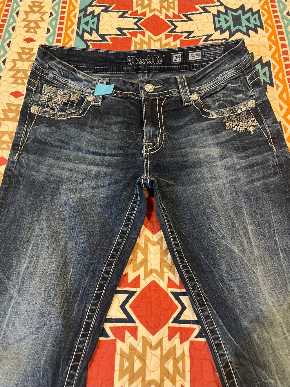 Miss Me Women's Dark Blue Boot Cut Jeans with Rhinestone Pocket Detail